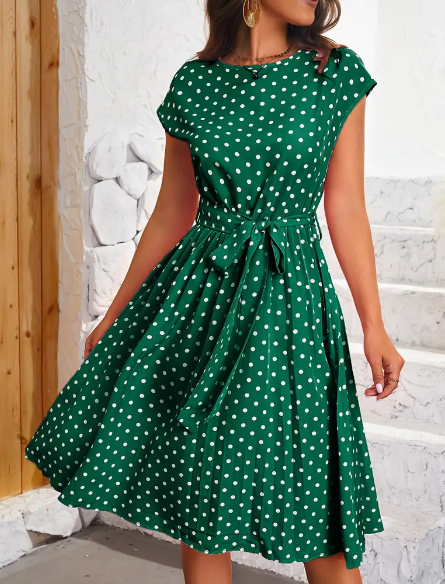 Damen Sommerkleid mit Punkten – Vintage Midikleid mit Taillengürtel & Cap Sleeves für Freizeit & Urlaub