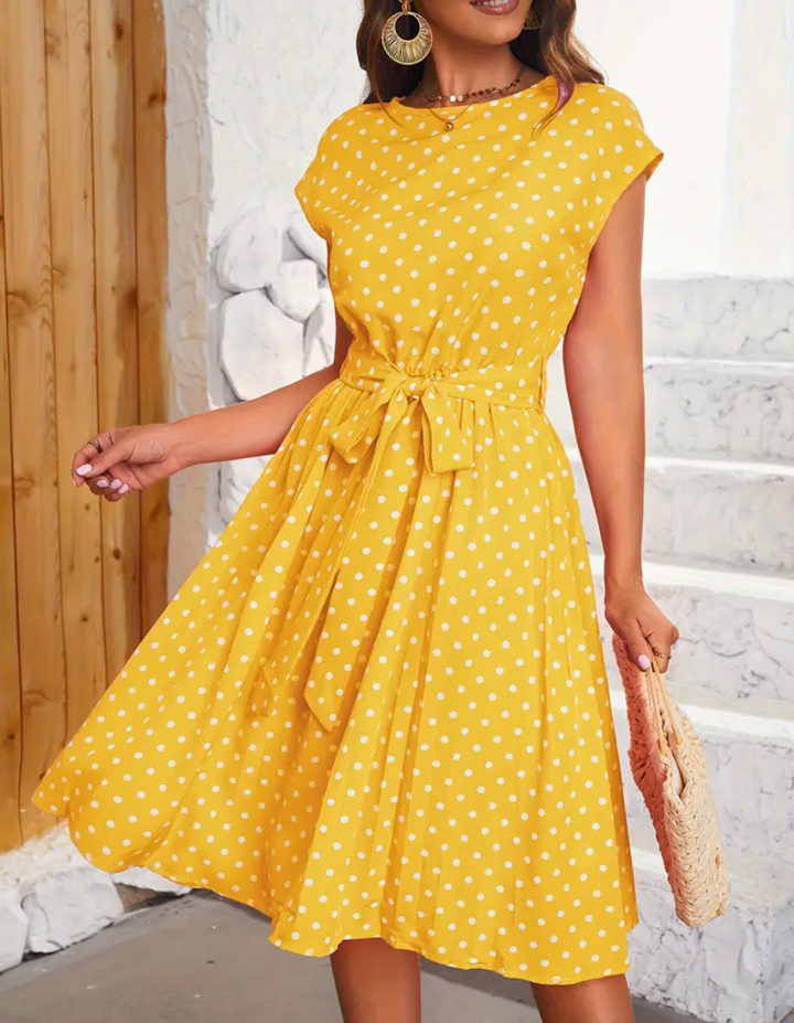 Damen Sommerkleid mit Punkten – Vintage Midikleid mit Taillengürtel & Cap Sleeves für Freizeit & Urlaub
