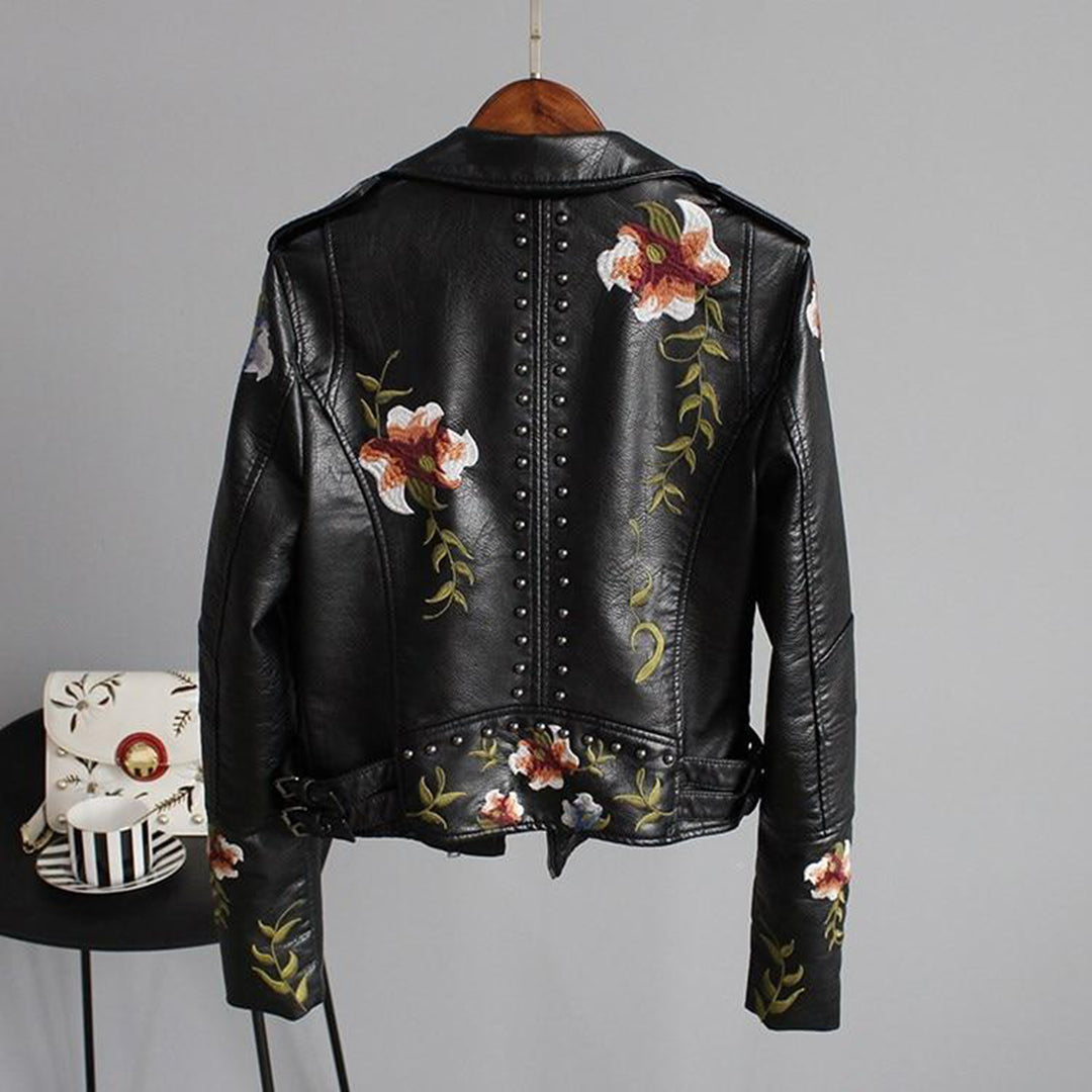 Veste motard femme – Veste en similicuir stylée avec broderie florale et détails cloutés