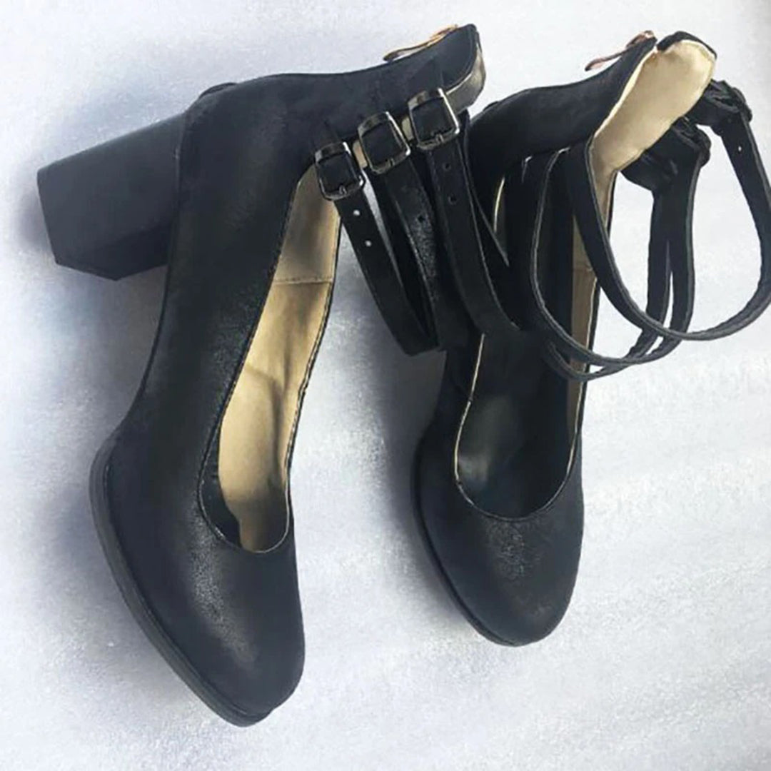 Damen Vintage Stiefeletten mit Blockabsatz – Bequeme Halbschuhe mit Doppelriemen & Retro-Look für Alltag & Herbst