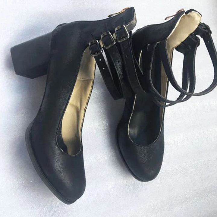 Damen Vintage Stiefeletten mit Blockabsatz – Bequeme Halbschuhe mit Doppelriemen & Retro-Look für Alltag & Herbst
