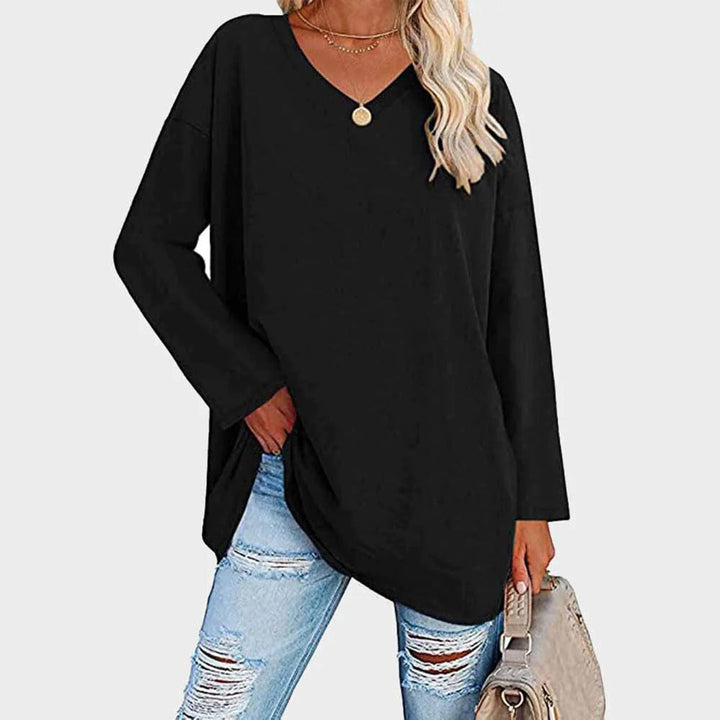 Maglia oversize da donna a manica lunga con scollo a V – Top basic casual a maniche lunghe