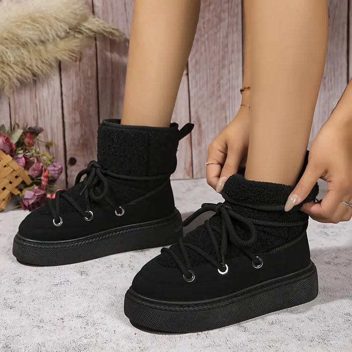 Bottes de neige mi-mollet, plateforme épaisse, semelle souple, lacets