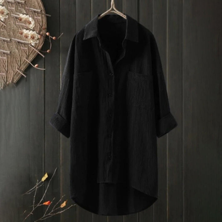 Camicia oversize da donna – Camicia di lino ampia con tasche sul petto e taglio asimmetrico