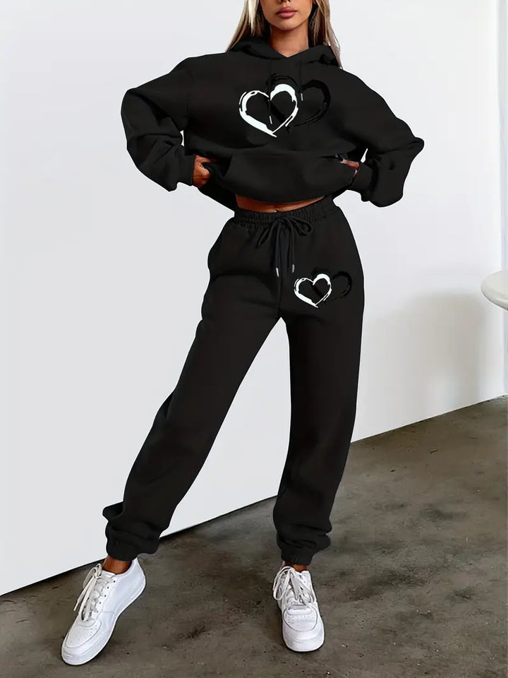 Two-piece pants set with double heart print, long sleeves