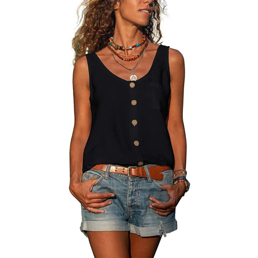 Top estivo da donna con abbottonatura – Canotta ampia con scollo a V e tasca sul petto