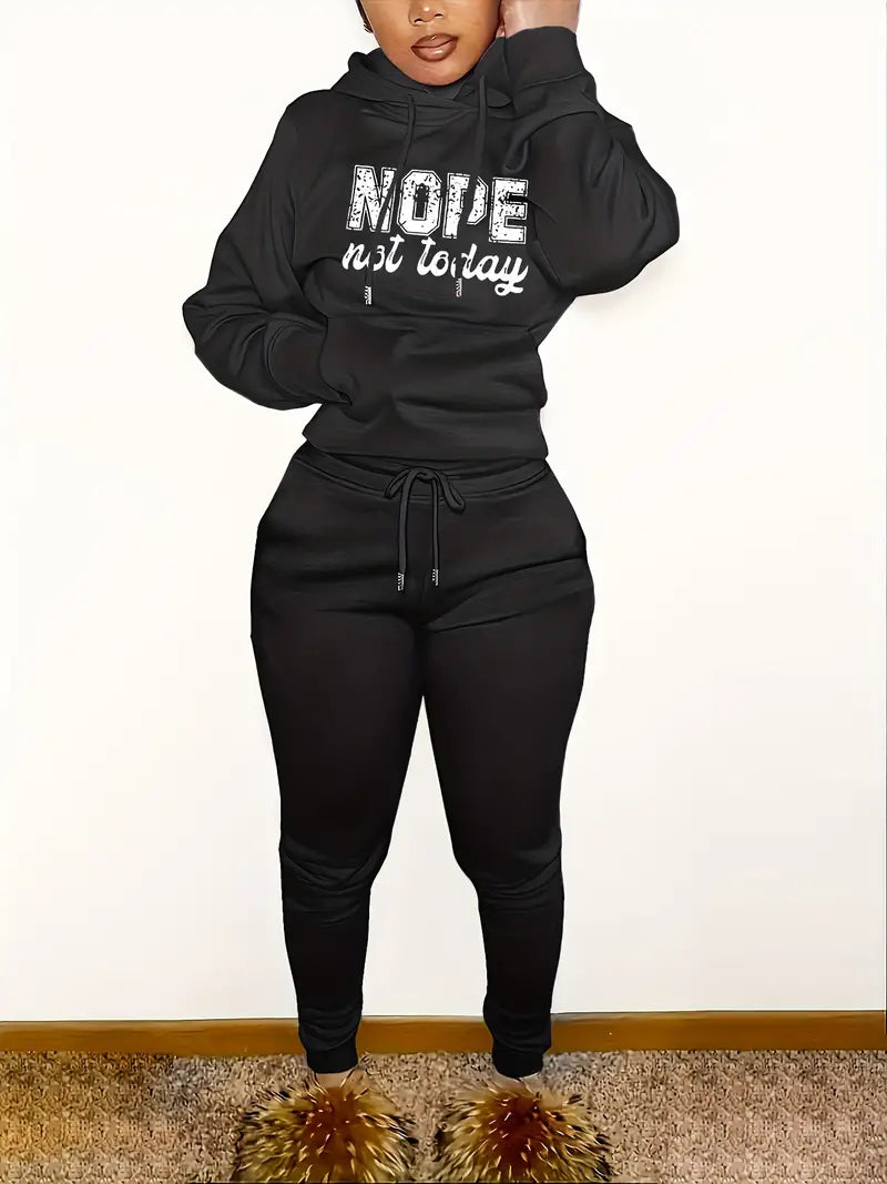 Ensemble athleisure deux pièces, sweat à capuche avec poches kangourou et imprimé de lettres