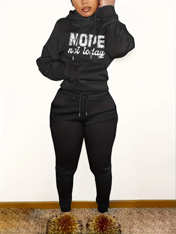Ensemble athleisure deux pièces, sweat à capuche avec poches kangourou et imprimé de lettres