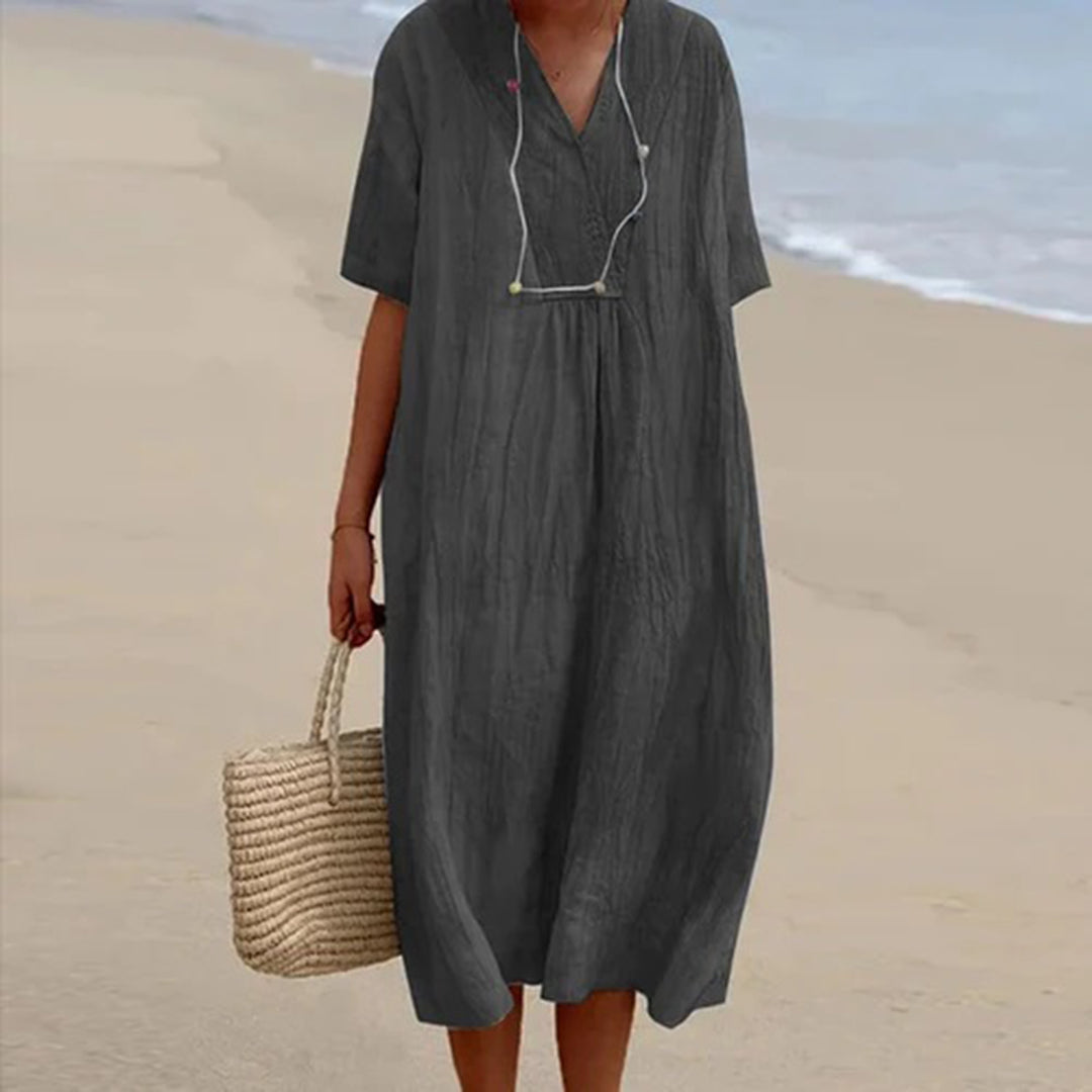 Abito estivo da donna in lino – abito da spiaggia ampio con scollo a V e maniche corte, lunghezza midi