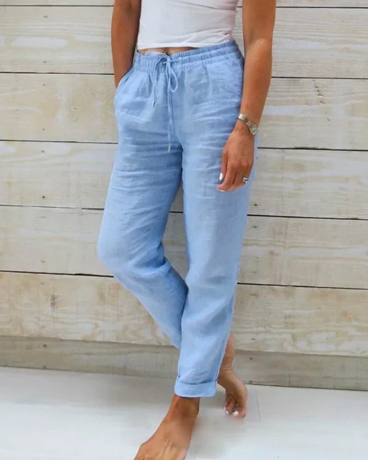 Rose - Pantalon avec ceinture élastique en coton et lin