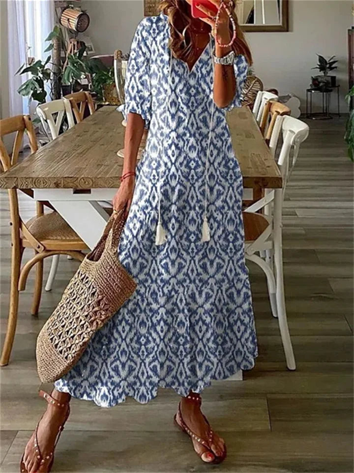 Boho Maxikleid Damen mit Blumendruck – Luftiges Sommerkleid mit V-Ausschnitt & 3/4 Ärmeln für Urlaub & Alltag