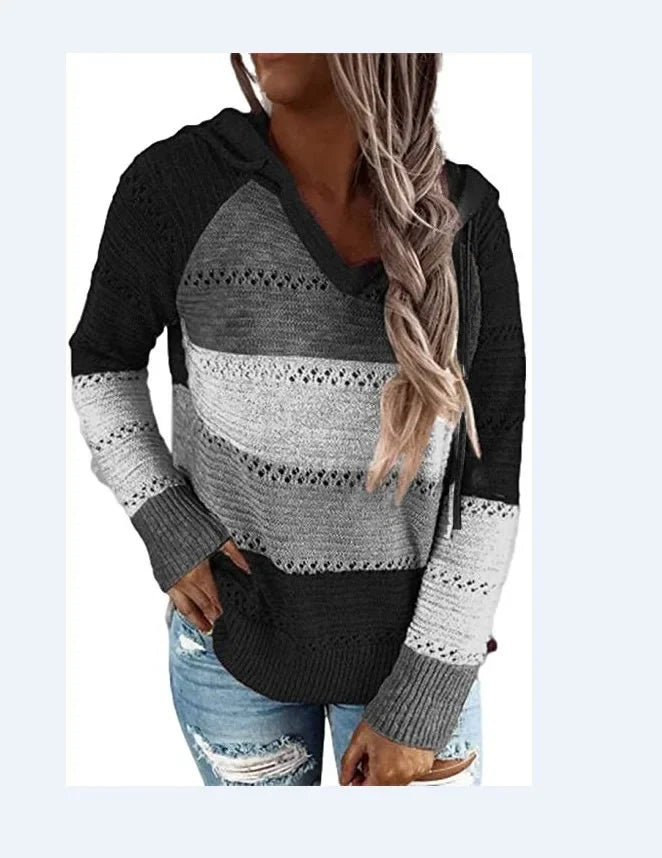 Thea - Pull à capuche tricoté avec rayures