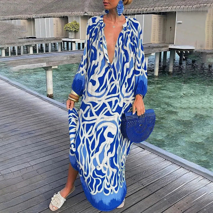 Kaftano Boho Abito lungo donna – Vestito estivo ampio con scollo a V profondo e motivo etnico