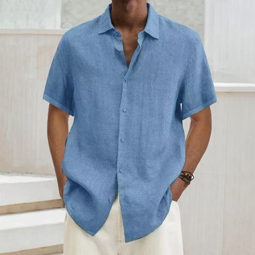 Chemise légère en lin pour homme à manches courtes – chemise d'été avec patte de boutonnage et col Kent | Respirante et décontractée pour la plage et le quotidien