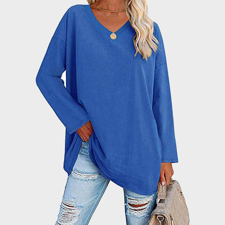 Maglia oversize da donna a manica lunga con scollo a V – Top basic casual a maniche lunghe