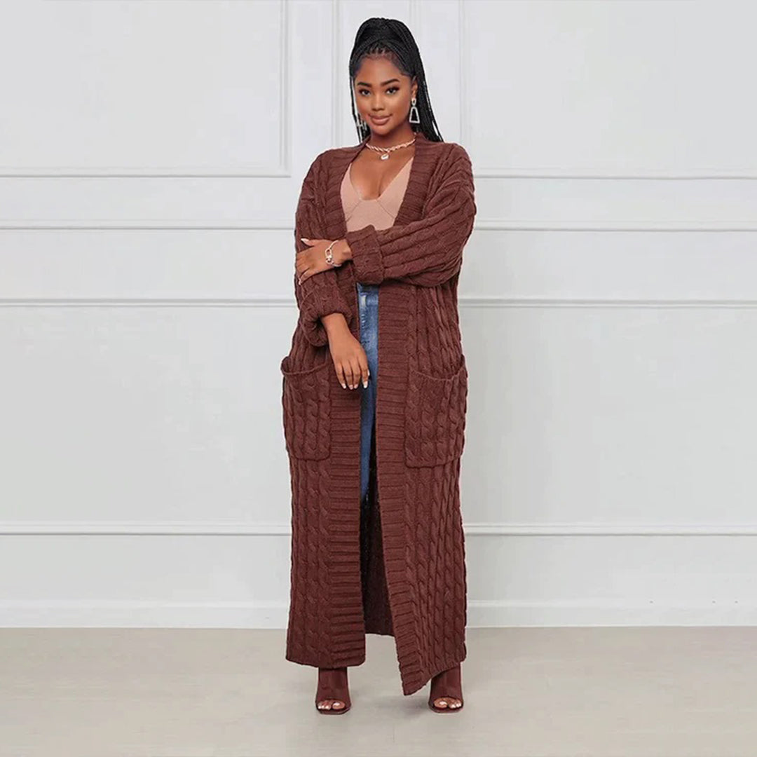 Cardigan long en maille pour femmes avec motif torsadé – Manteau oversize ouvert pour automne & hiver