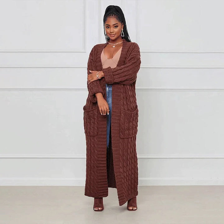 Cardigan long en maille pour femmes avec motif torsadé – Manteau oversize ouvert pour automne & hiver