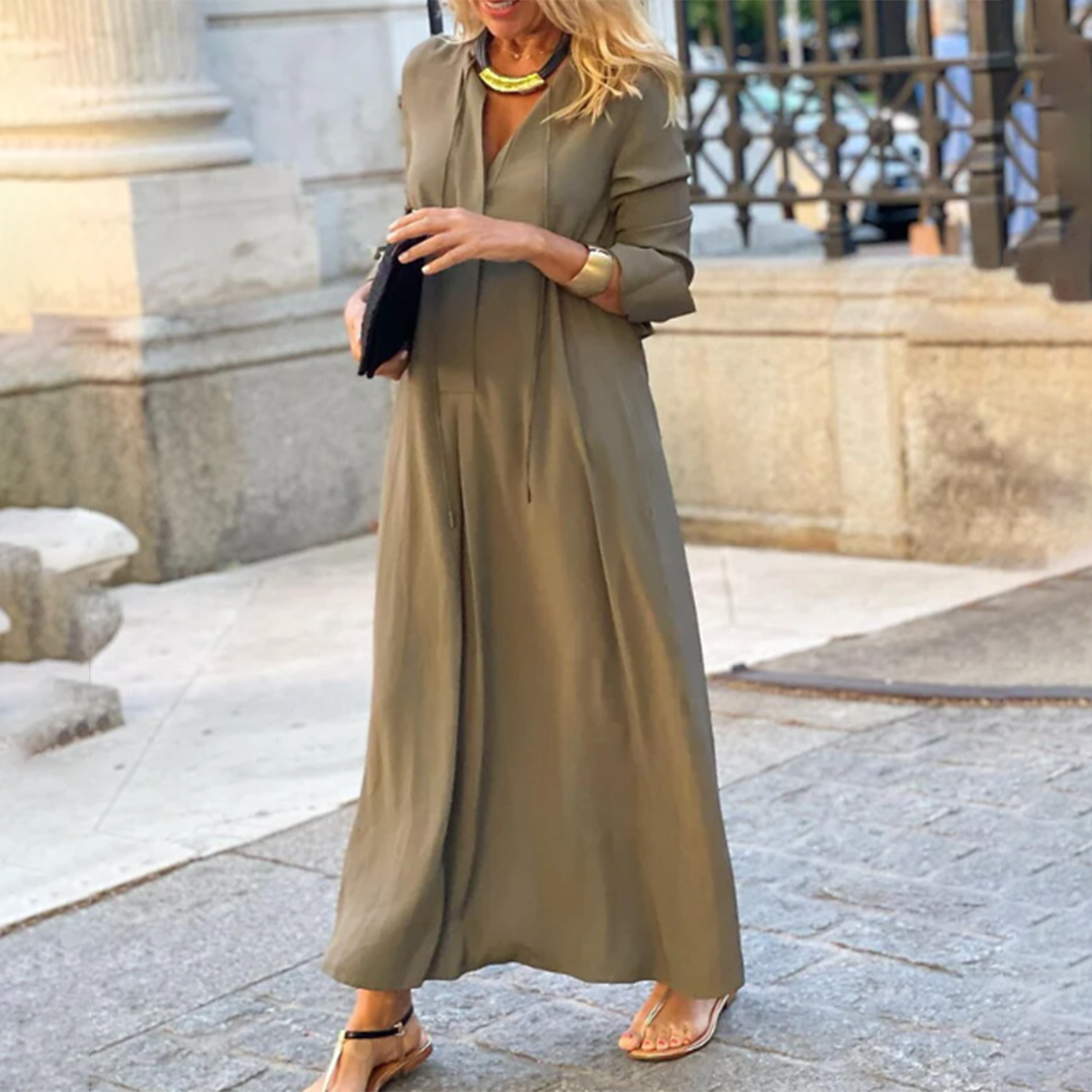 Damen Maxikleid mit V-Ausschnitt und langen Ärmeln – Locker fallendes Sommerkleid für Freizeit & Urlaub