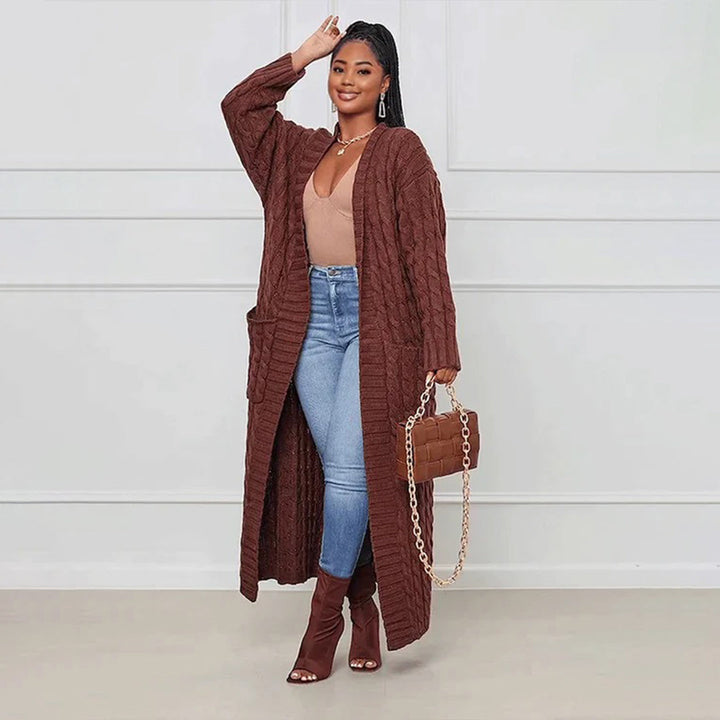Cardigan long en maille pour femmes avec motif torsadé – Manteau oversize ouvert pour automne & hiver