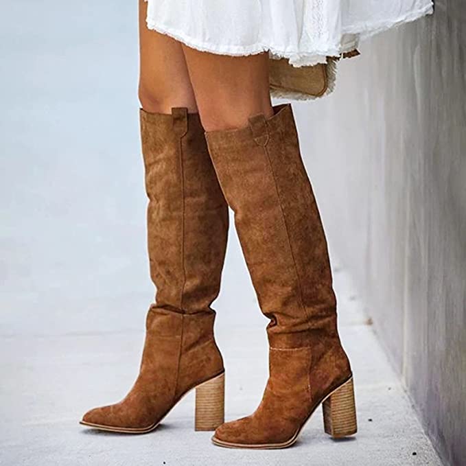 Bottes cowboy à plateforme overknee décontractées en cuir avec aspect daim pour femmes | Parfait pour les journées décontractées