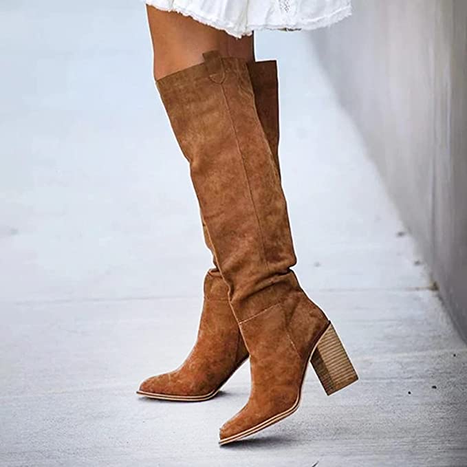 Bottes cowboy à plateforme overknee décontractées en cuir avec aspect daim pour femmes | Parfait pour les journées décontractées