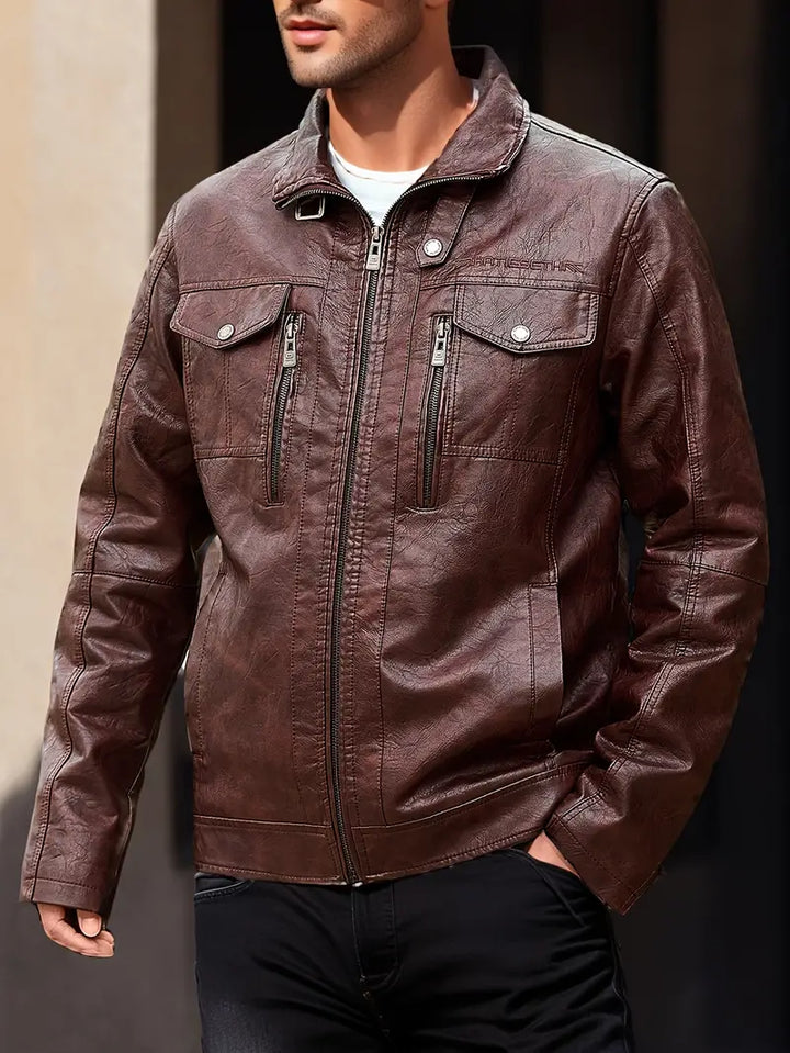 Veste en cuir PU rétro à col revers pour hommes, manteau à fermeture éclair avec plusieurs poches