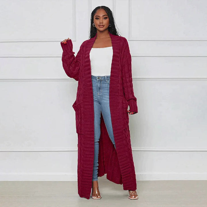 Cardigan long en maille pour femmes avec motif torsadé – Manteau oversize ouvert pour automne & hiver