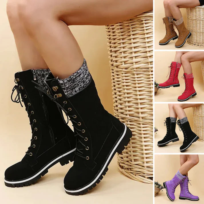 Bottes d'hiver doublées pour femmes avec lacets et fermeture éclair – Bottines chaudes avec bord en tricot et semelle profilée