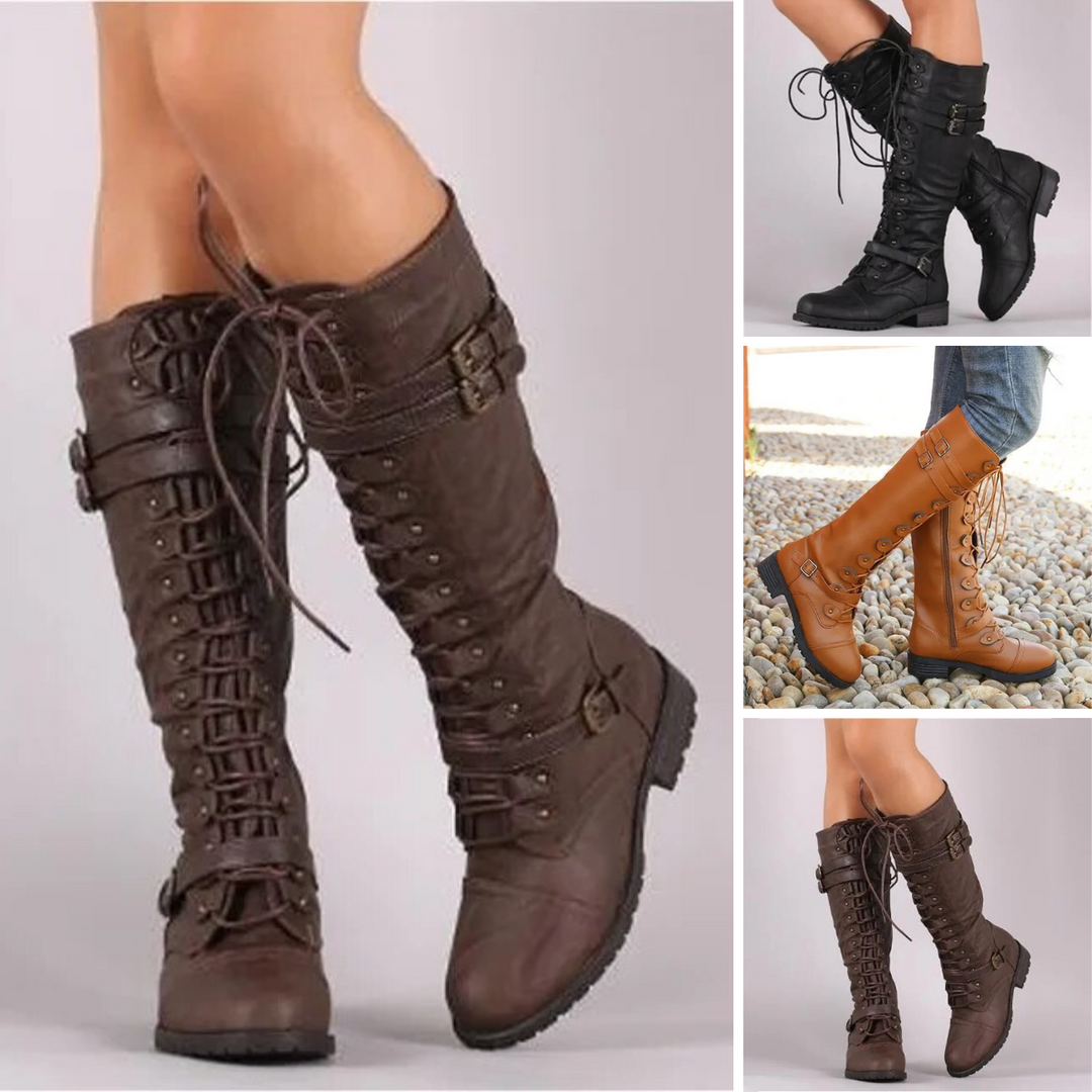 Bottes montantes à lacets pour femmes – Bottes de combat vintage avec boucles et talon bloc dans le style gothique steampunk