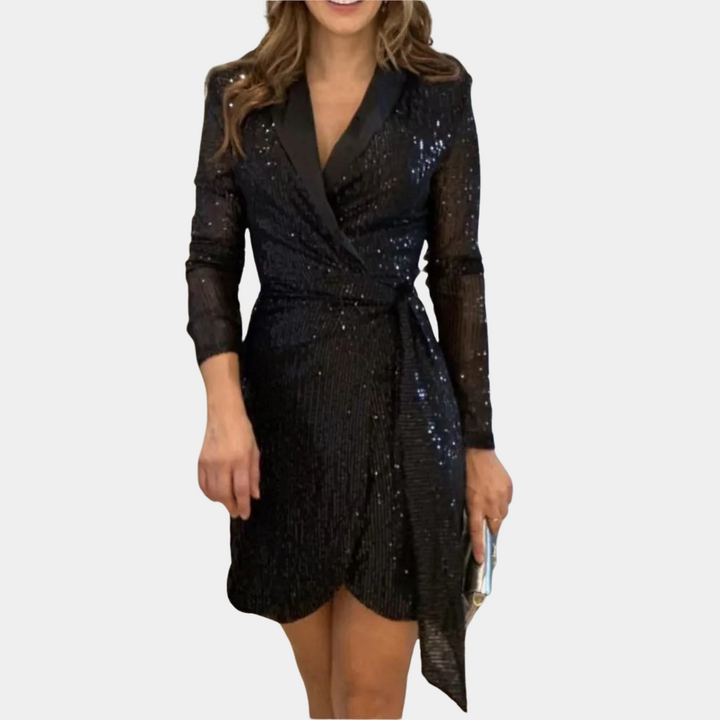 Abito blazer scintillante con paillettes – elegante abito avvolgente con scollo a V e cintura da legare per feste e abbigliamento da sera