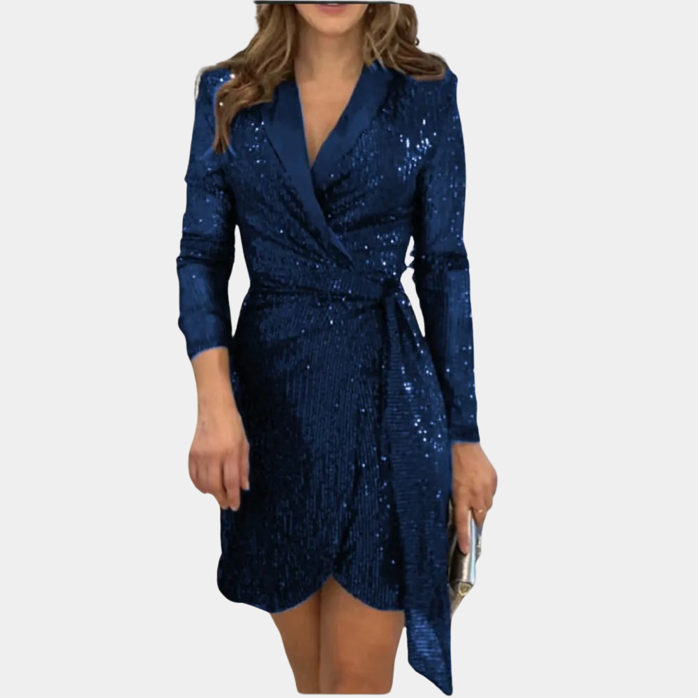 Abito blazer scintillante con paillettes – elegante abito avvolgente con scollo a V e cintura da legare per feste e abbigliamento da sera