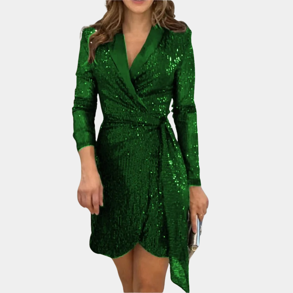 Abito blazer scintillante con paillettes – elegante abito avvolgente con scollo a V e cintura da legare per feste e abbigliamento da sera