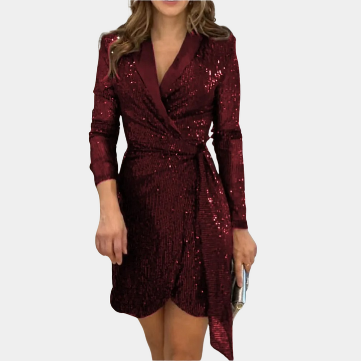 Abito blazer scintillante con paillettes – elegante abito avvolgente con scollo a V e cintura da legare per feste e abbigliamento da sera