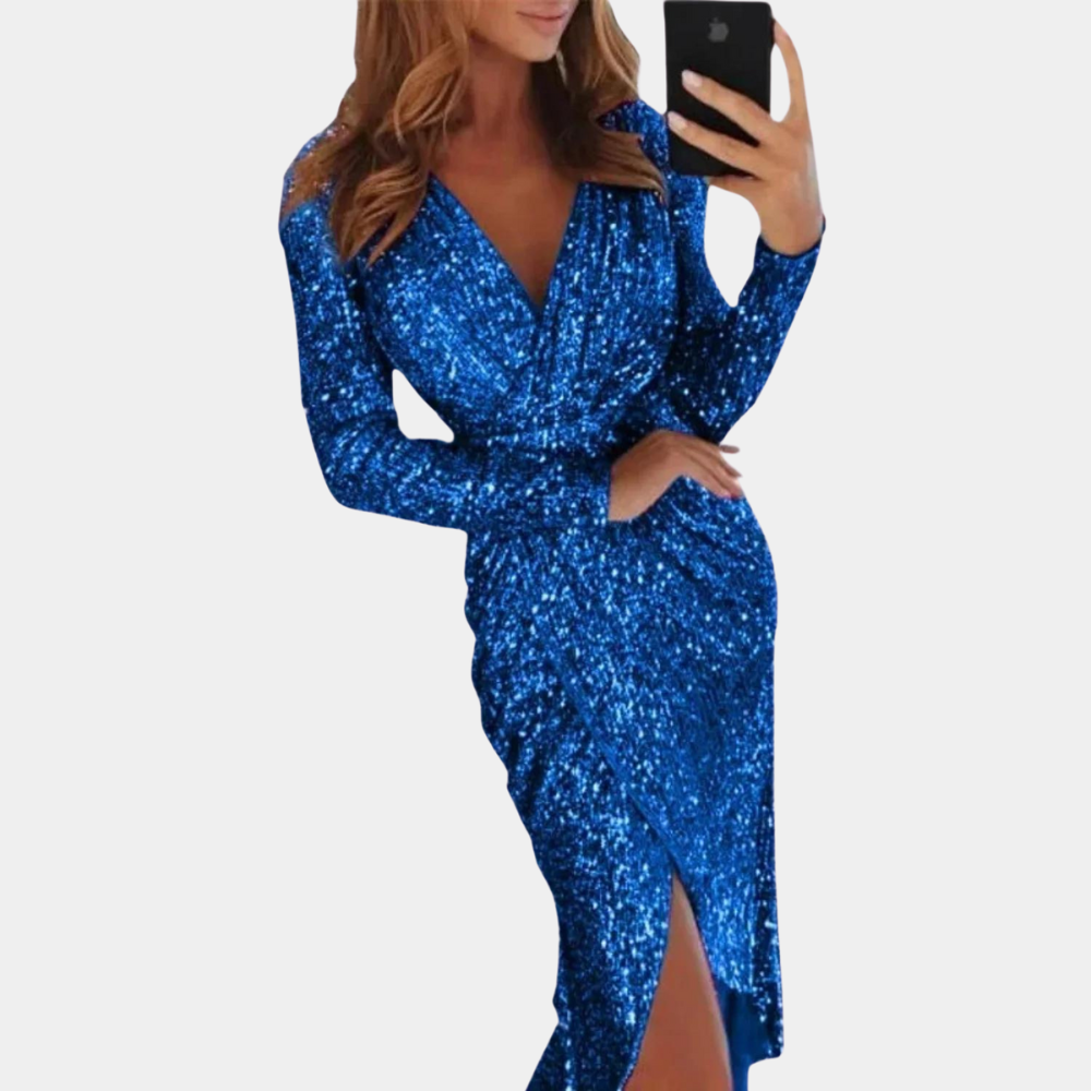 Abito da donna con paillettes, scollo a V e spacco – elegante abito da sera con maniche lunghe