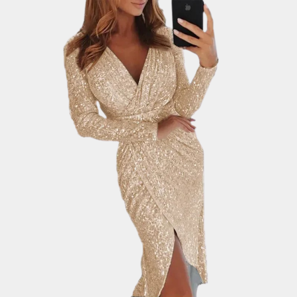 Abito da donna con paillettes, scollo a V e spacco – elegante abito da sera con maniche lunghe