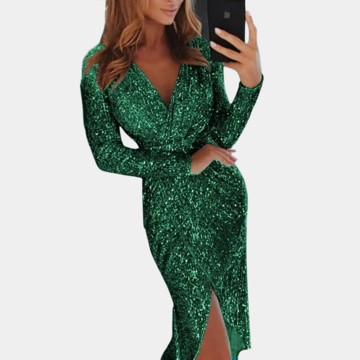 Abito da donna con paillettes, scollo a V e spacco – elegante abito da sera con maniche lunghe