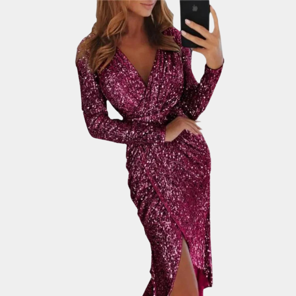 Abito da donna con paillettes, scollo a V e spacco – elegante abito da sera con maniche lunghe