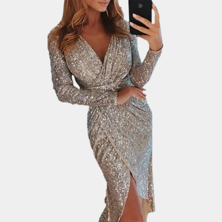 Abito da donna con paillettes, scollo a V e spacco – elegante abito da sera con maniche lunghe