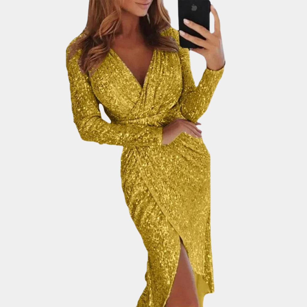 Abito da donna con paillettes, scollo a V e spacco – elegante abito da sera con maniche lunghe