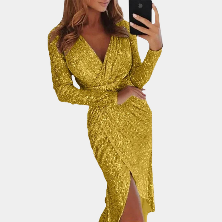 Abito da donna con paillettes, scollo a V e spacco – elegante abito da sera con maniche lunghe