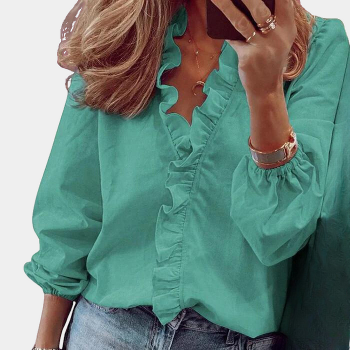 Camicetta da donna con volant – maglia a maniche lunghe con scollo a V in stile romantico
