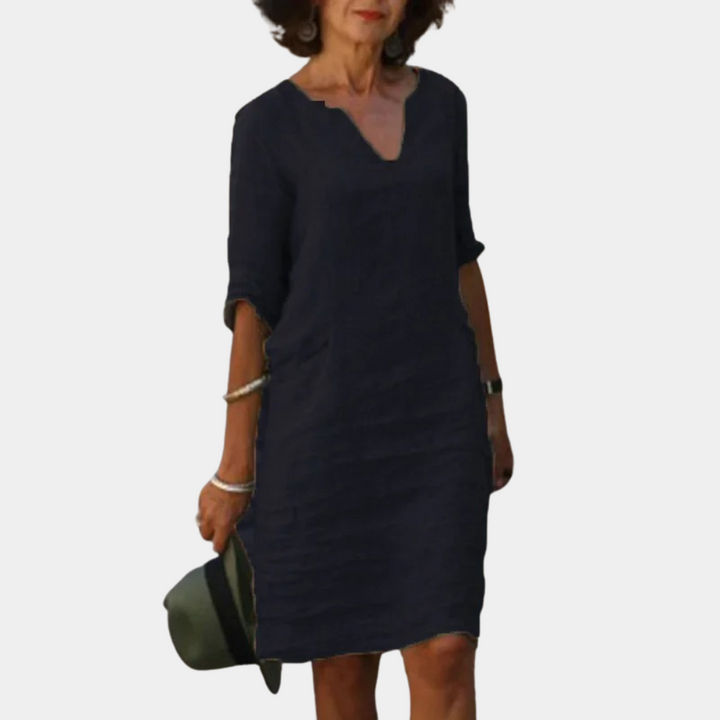 Leinenkleid Damen – Lockeres Sommerkleid mit V-Ausschnitt & 3/4 Ärmeln für Alltag & Urlaub