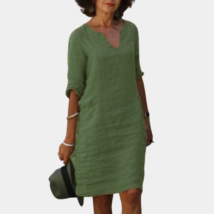 Leinenkleid Damen – Lockeres Sommerkleid mit V-Ausschnitt & 3/4 Ärmeln für Alltag & Urlaub