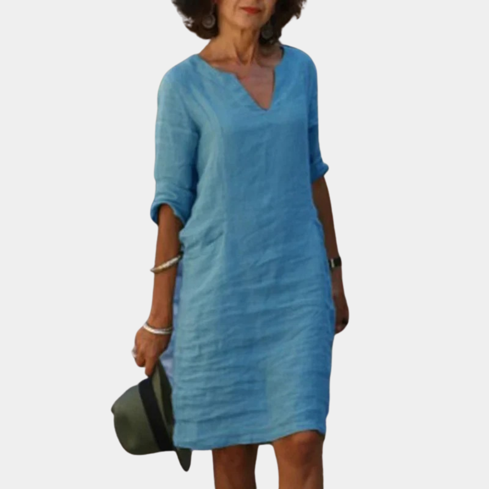 Leinenkleid Damen – Lockeres Sommerkleid mit V-Ausschnitt & 3/4 Ärmeln für Alltag & Urlaub