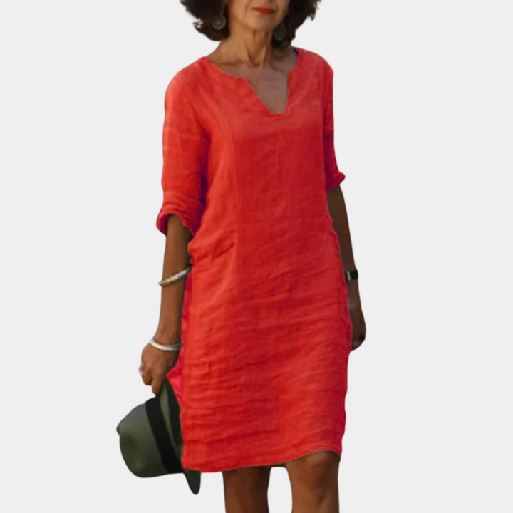 Leinenkleid Damen – Lockeres Sommerkleid mit V-Ausschnitt & 3/4 Ärmeln für Alltag & Urlaub