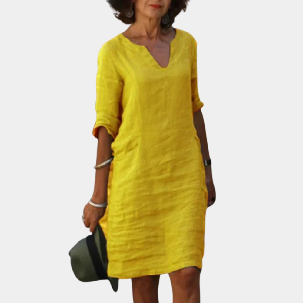 Leinenkleid Damen – Lockeres Sommerkleid mit V-Ausschnitt & 3/4 Ärmeln für Alltag & Urlaub