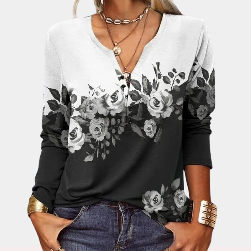 Boho Damen Langarmshirt mit V-Ausschnitt – Vintage Ethno-Muster & Farbverlauf | Lässig & Elegant für Frühling & Herbst