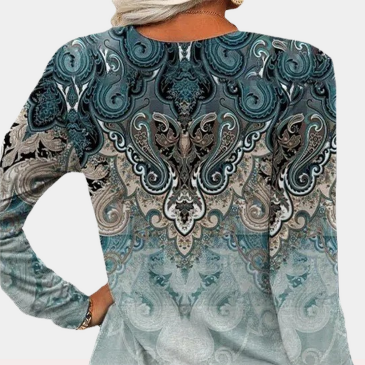 Boho Damen Langarmshirt mit V-Ausschnitt – Vintage Ethno-Muster & Farbverlauf | Lässig & Elegant für Frühling & Herbst
