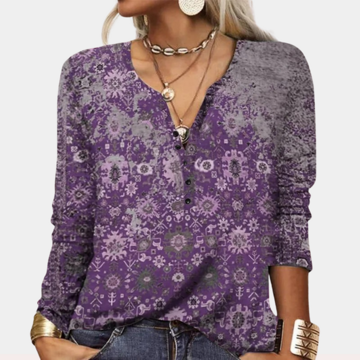 Boho Damen Langarmshirt mit V-Ausschnitt – Vintage Ethno-Muster & Farbverlauf | Lässig & Elegant für Frühling & Herbst