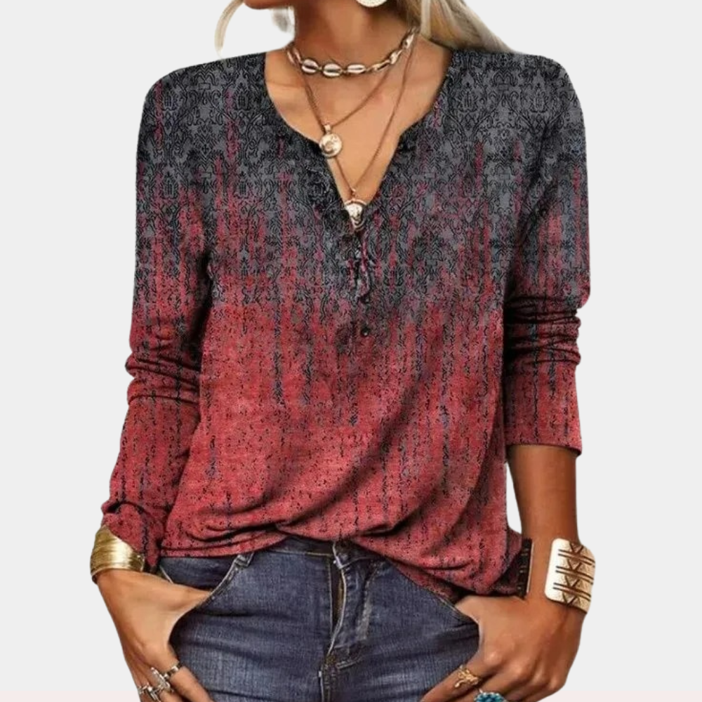 Boho Damen Langarmshirt mit V-Ausschnitt – Vintage Ethno-Muster & Farbverlauf | Lässig & Elegant für Frühling & Herbst